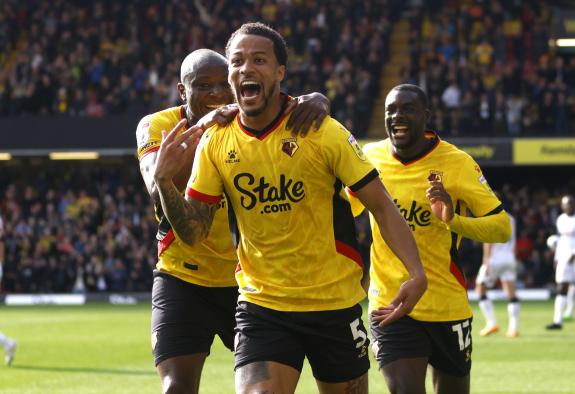 Watford Observer: Troost-Ekong is congratulated on his goal. Watford Observer: Troost-Ekong is congratulated on his goal.