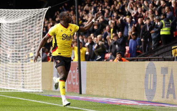 Watford Observer: The Hornets striker gestures to the Luton fans as he celebrates. Watford Observer: The Hornets striker gestures to the Luton fans as he celebrates.