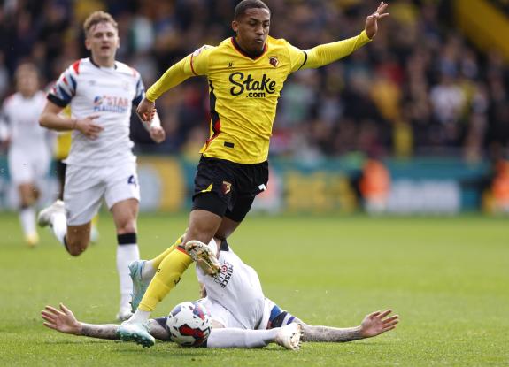 Watford Observer: Hatters skipper Sonny Bradley was booked for this foul on Joao Pedro. Watford Observer: Hatters skipper Sonny Bradley was booked for this foul on Joao Pedro.