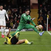 Cucho Hernandez beats Ederson to score Watford's goal. Pictures: Action Images