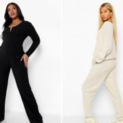 Photos of boohoo's Knitted Long Sleeve Jumpsuit With Tie Waist, left, and Fleece Crop Lounge Set, right.