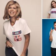 Kate Garraway, Rose Ayling-Ellis and Roman Kemp sporting the T-shirts for Comic Relief (PA)