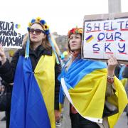 People taking part in a #StandWithUkraine rally in Trafalgar Square on Sunday. Picture: PA
