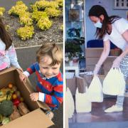 Vanessa Rousseau (right) with food packages. Ms Rousseau's children (left, Florence and Cameron) helping to make fresh food parcels. Picture: Vanessa Rousseau