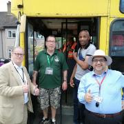 left to right: Cllr Nigel Bell, Norman McGuigan from Minds at War, Luther Blissett, and Cllr Asif Khan at the Big Yellow Battle Bus