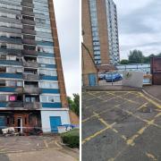 The fire at Abbey View Tower (left) was started when an illegally dumped sofa was set alight. Picture: Kimberley Hackett. Right: A mattress was dumped outside the flats this week. Picture: Joanne Hardy