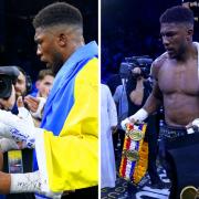 Anthony Joshua and Oleksandr Usyk post-fight. Pictures: PA