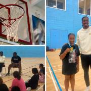 Kayne Henry (far left) met with children who attended the summer basketball camp. Picture: Nisha Patel