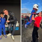 Left: Ethan, aged 7, pictured with Rob Smedley, head of Total Karting Zero. Right: Ethan celebrating with his dad, Daniel.
