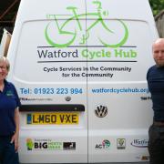 Watford Cycle Hub founder Kate Jenkins out supporting local cycling events with manager of the St Albans Hub Matt Daniels.