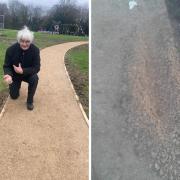 Left: Graham Reece is holding some of the material from the footpath, which he says is 'soft'. Right: He claims there is a tyre mark in the footpath.