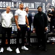 Derrick James, Anthony Joshua, promoter Eddie Hearn and Jermaine Franklin during a press conference at the Hilton London Syon Park.