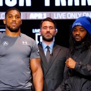 Anthony Joshua, promoter Eddie Hearn and Jermaine Franklin at this afternoon's press conference in London.