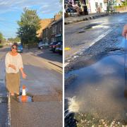 Weena Ahluwalia (left) placed a cone in the pothole before it was temporarily fixed (right).