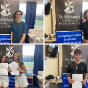 St Michael’s Catholic High School students celebrate collecting their GCSE results.