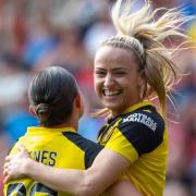 Sophie McLean (right) celebrates scoring at Charlton