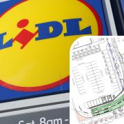 Lidl sign, image illustrating path of a max legal length vehicle entering the proposed site access.