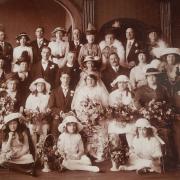 The family wedding photo showing bridesmaids Marjorie Allen, centre, and Ethel Allen, right.