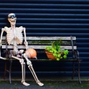 A skeleton takes a break on a park bench