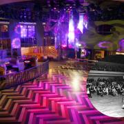 The interior of Pryzm when it opened in 2016 and, inset, Tommy Cooper performing at the first function to be held at Top Rank in 1965