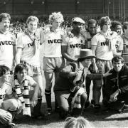 Martin Patching (one from left, front row, wearing a scarf) celebrates on the final day of the 1982/83 season after Watford beat Liverpool 2-1 at Vicarage Road to finish second in the old First Division