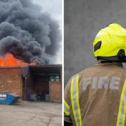 The fire in Langley Wharf/firefighter stock image.