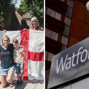 Former Lioness Kelly Smith celebrates the team in Watford/Watford Junction sign.