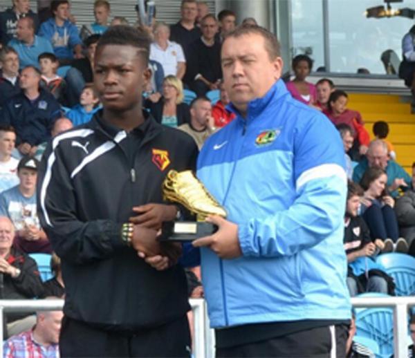 Ogo Obi collecting his Golden Boot trophy at last summer's Milk Cup. Picture: Milk Cup.