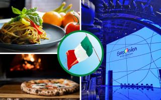 (top left clockwise) pasta (Canva) Eurovision Song Contest 2022 ( PA) Pizza (Canva) (Circle) Italian flag. (Canva)
