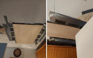 Plywood had been screwed into the bedroom ceiling where damage had occurred, exposing asbestos. Picture: High Street Solicitors