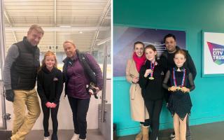 Left: Blu-Belle met Jayne Torvill and Christopher Dean in December. Right: Sienna and Blu-Belle wearing their gold medals with their coaches  Carly and Sam Elliott.
