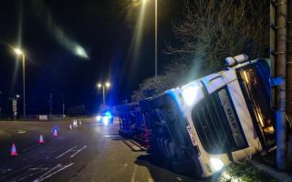 The overturned lorry on the A414, near St Albans.