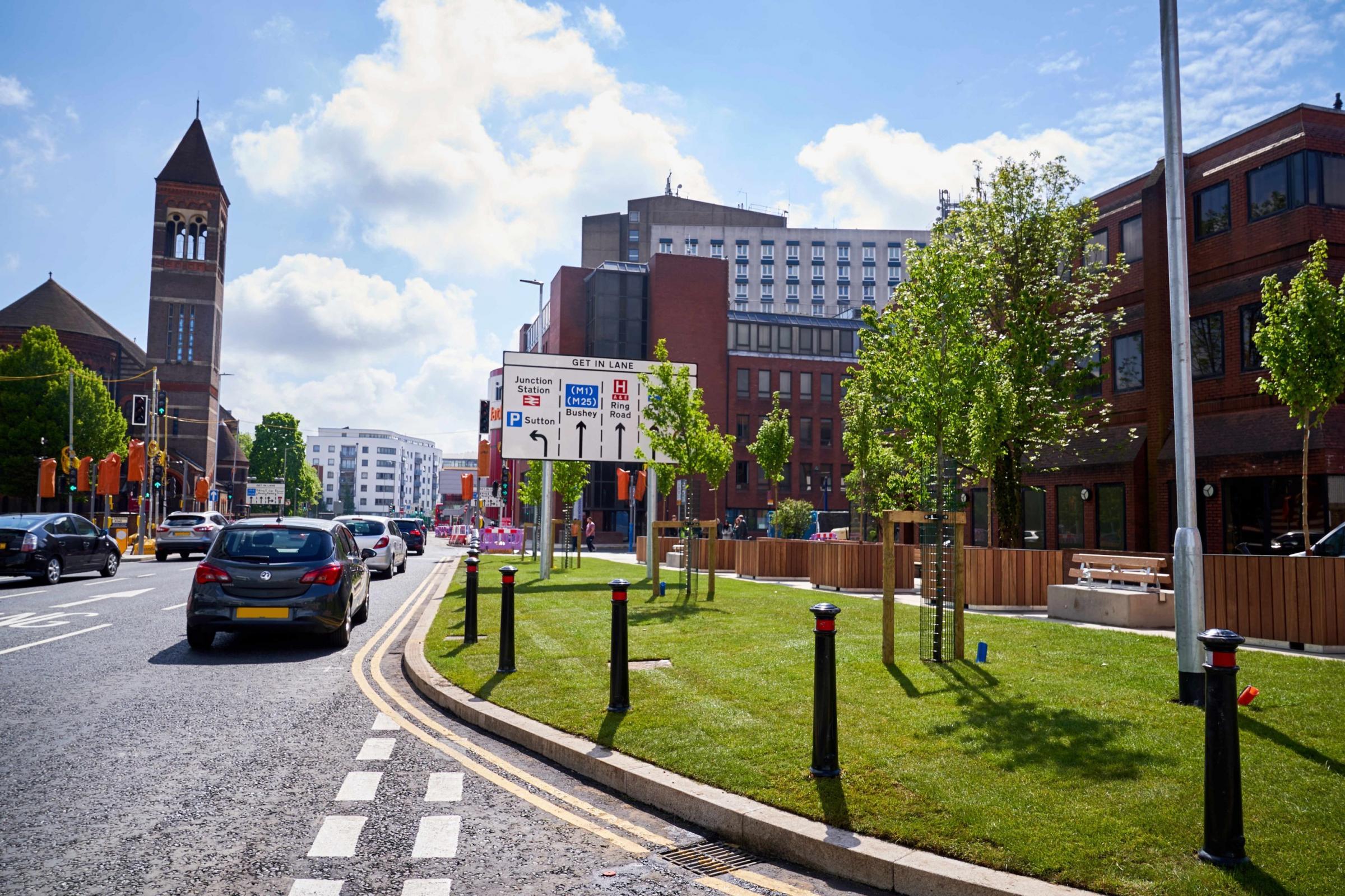 On the right is the RBS building and on the left is Beechen Grove Baptist Church. Shown is the junction of Clarendon Road and the ring road. Credit: Watford Council